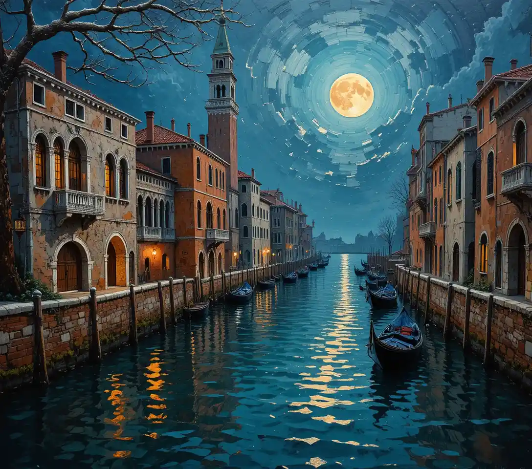 Pintura al óleo impresionista de un tranquilo canal veneciano al atardecer