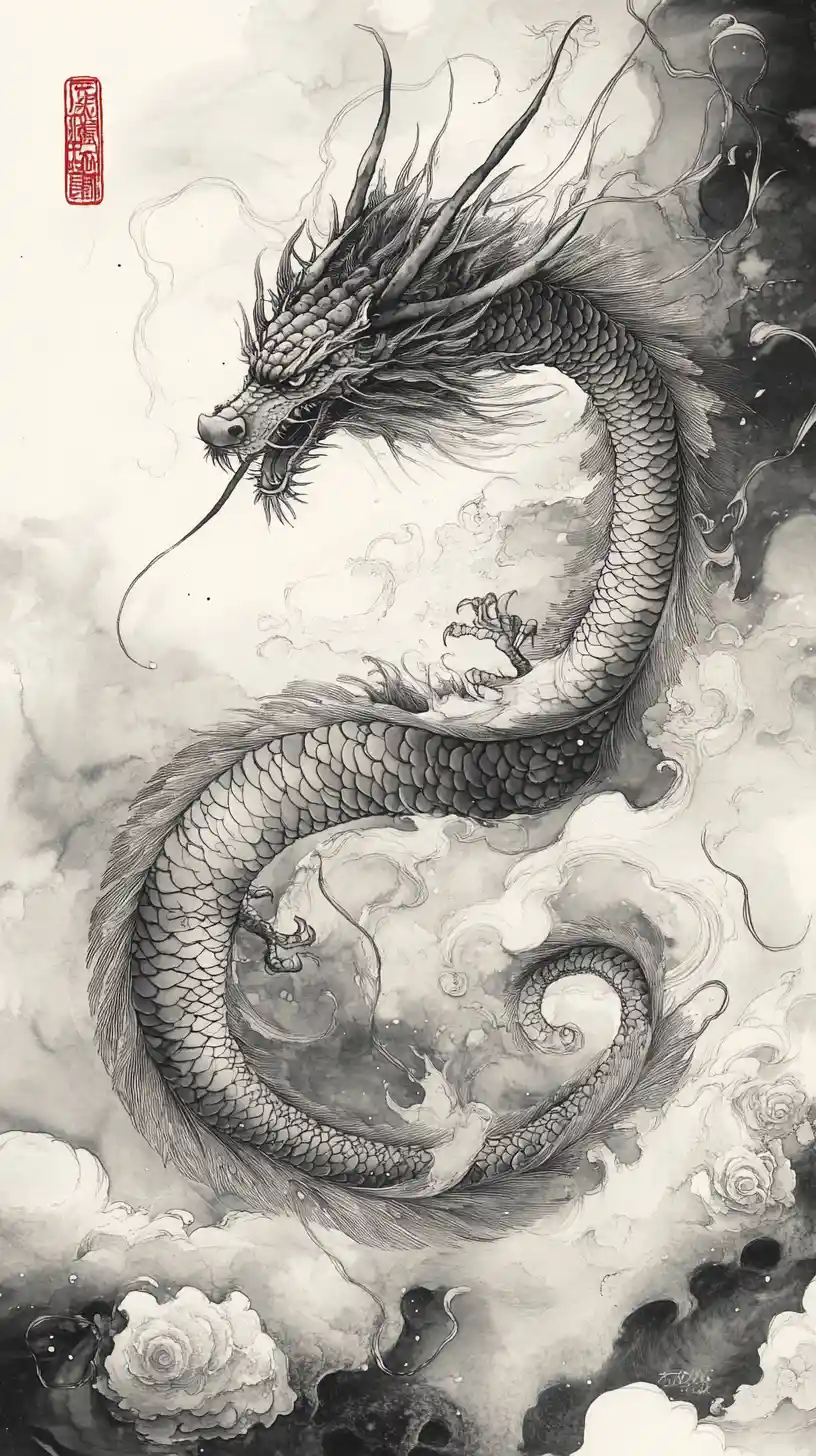 Himmlischer Drache, der sich in Aquarelltinte durch Wolken windet