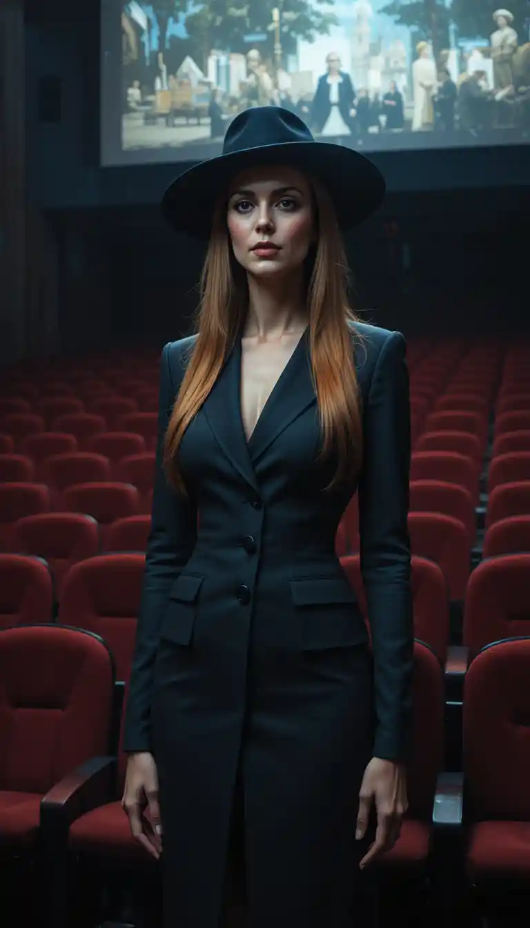 Mujer elegante de pie sola en un cine tenue