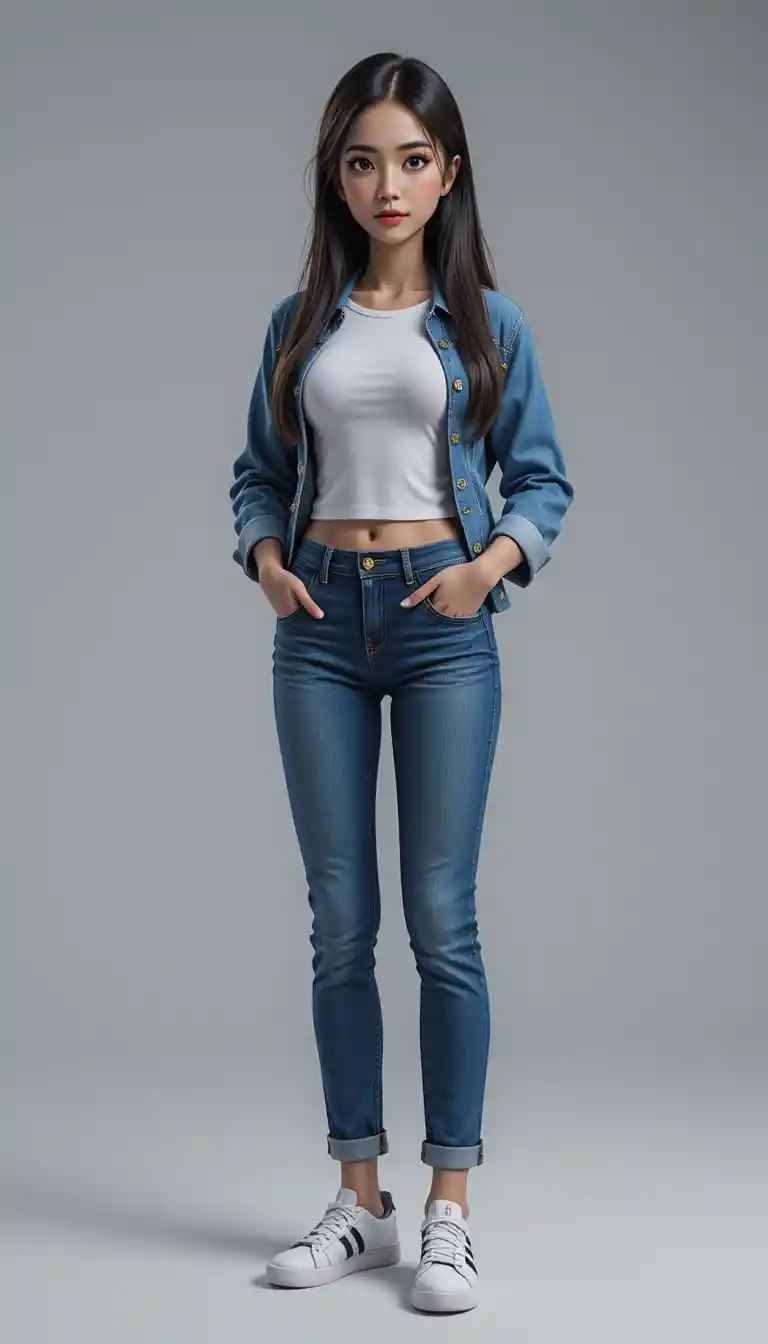 Stylized woman in denim outfit with confident full body pose