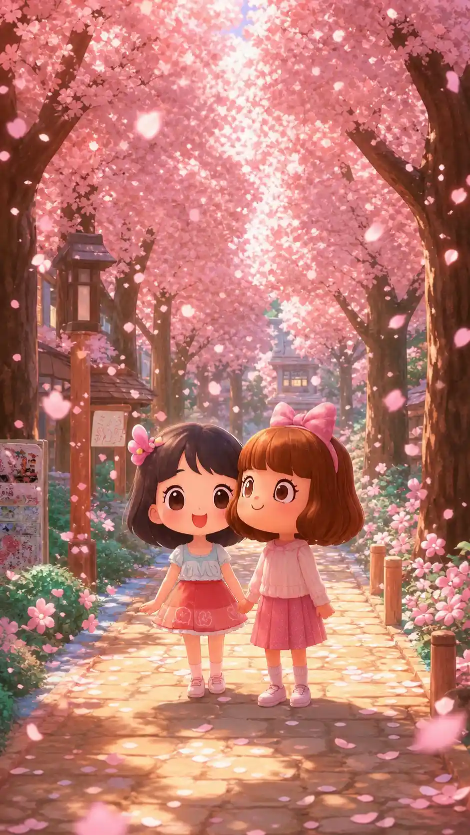 Two cheerful girls standing together in a bright outdoor scene