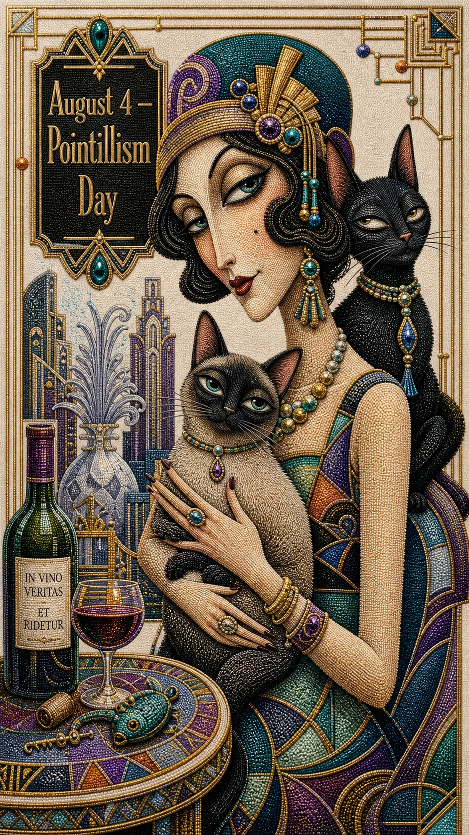 Mujer misteriosa con gato oscuro en puntillismo art déco