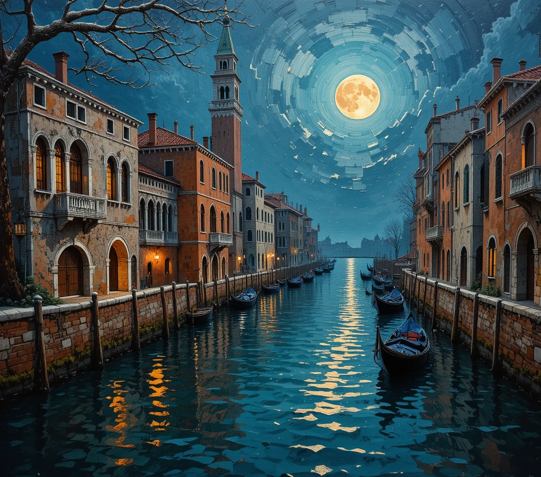 Pintura al óleo impresionista de un tranquilo canal veneciano al atardecer