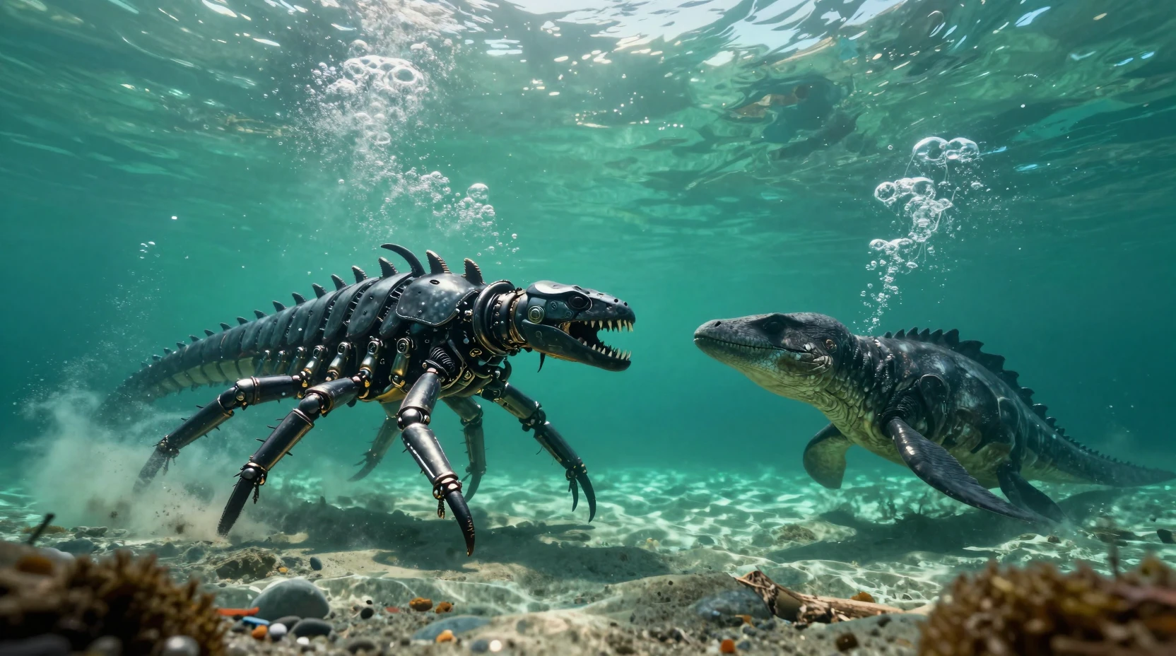 Ictiosaurio del Triásico frente a guerrero ciempiés biónico
