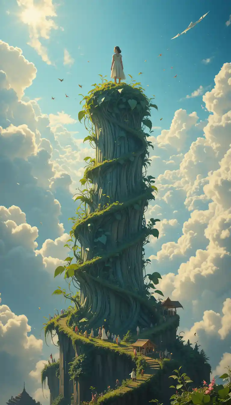 Gigantesca chica de anime sobre una enorme planta de frijoles por encima de las nubes