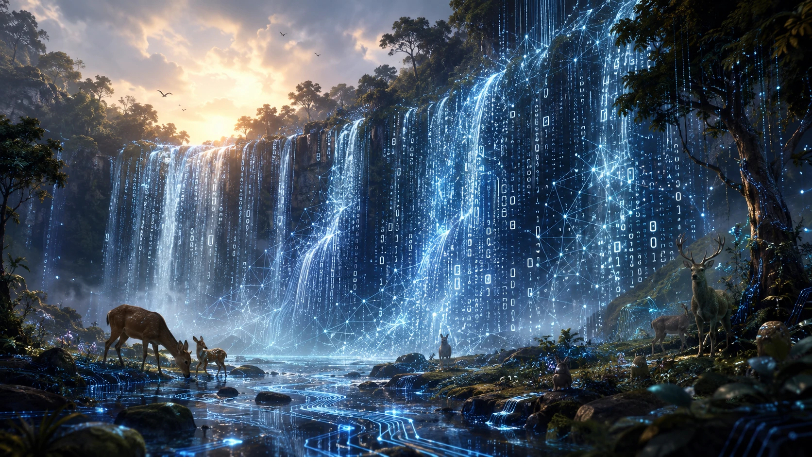 Cascada digital surreal de conexiones neuronales en la naturaleza