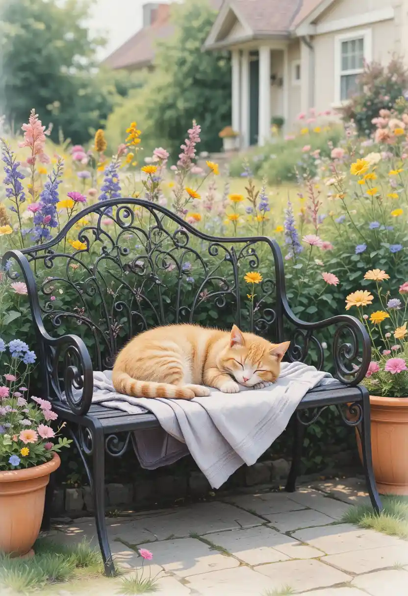 花に囲まれた庭のベンチで眠る水彩猫