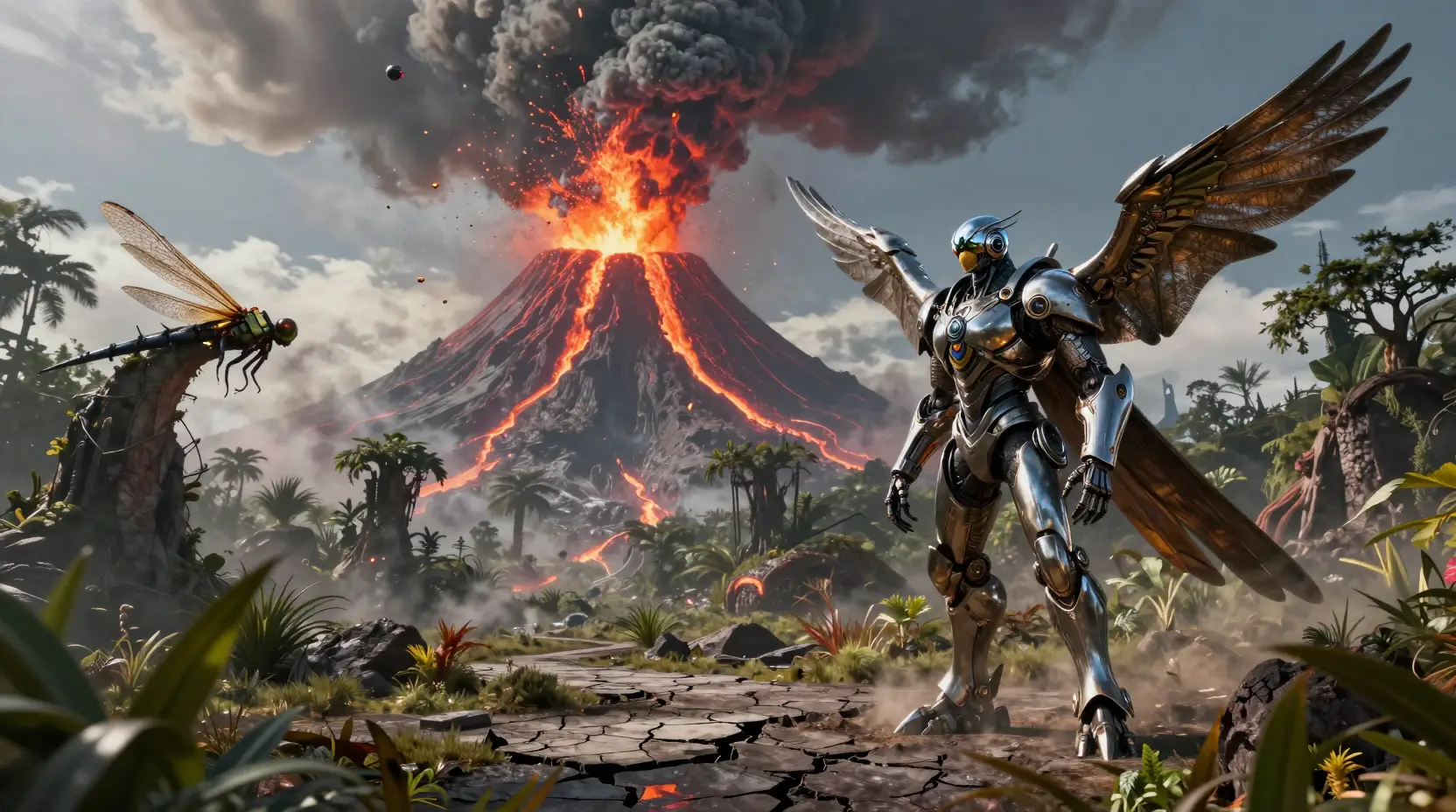 Cineastische Weitwinkelaufnahme von Mechs über einem ausbrechenden Supervulkan