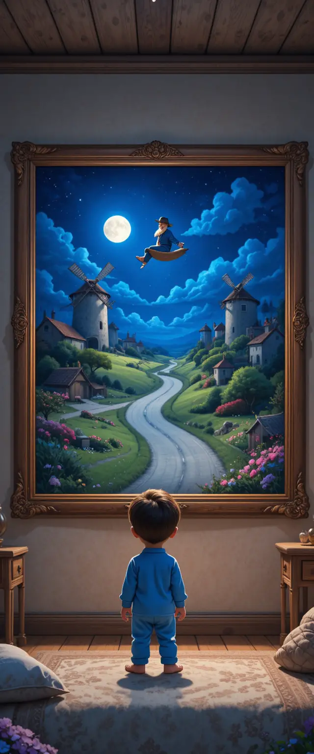 Niño pequeño en pijama ante una mágica pintura a la luz de la luna
