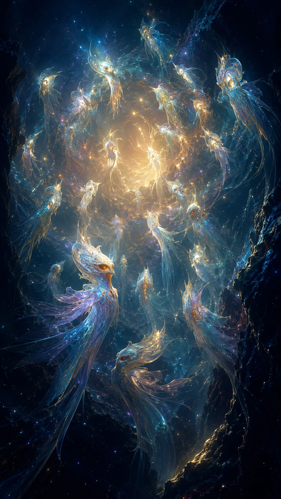 Mentes alienígenas bioluminiscentes cantando entre formas de luz flotantes