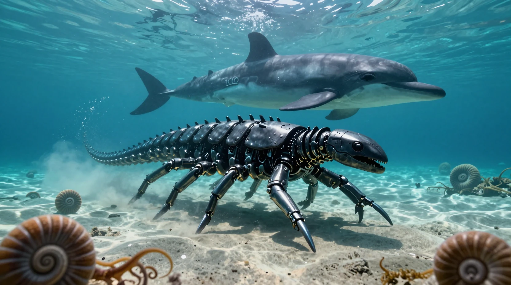 Sci fi warrior in centipede armor gliding on ocean floor