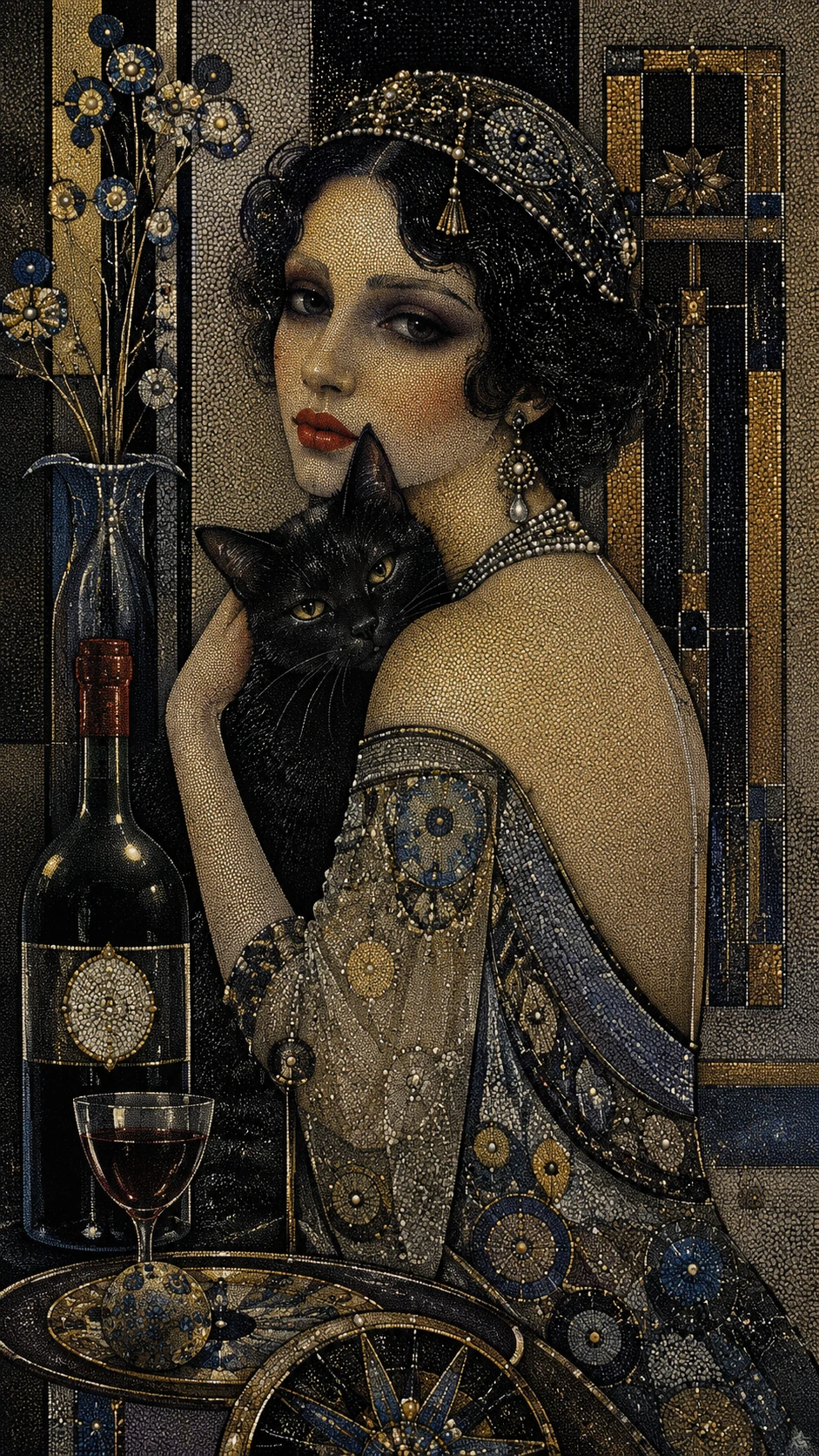 Mujer misteriosa con gato oscuro en habitación art déco puntillista