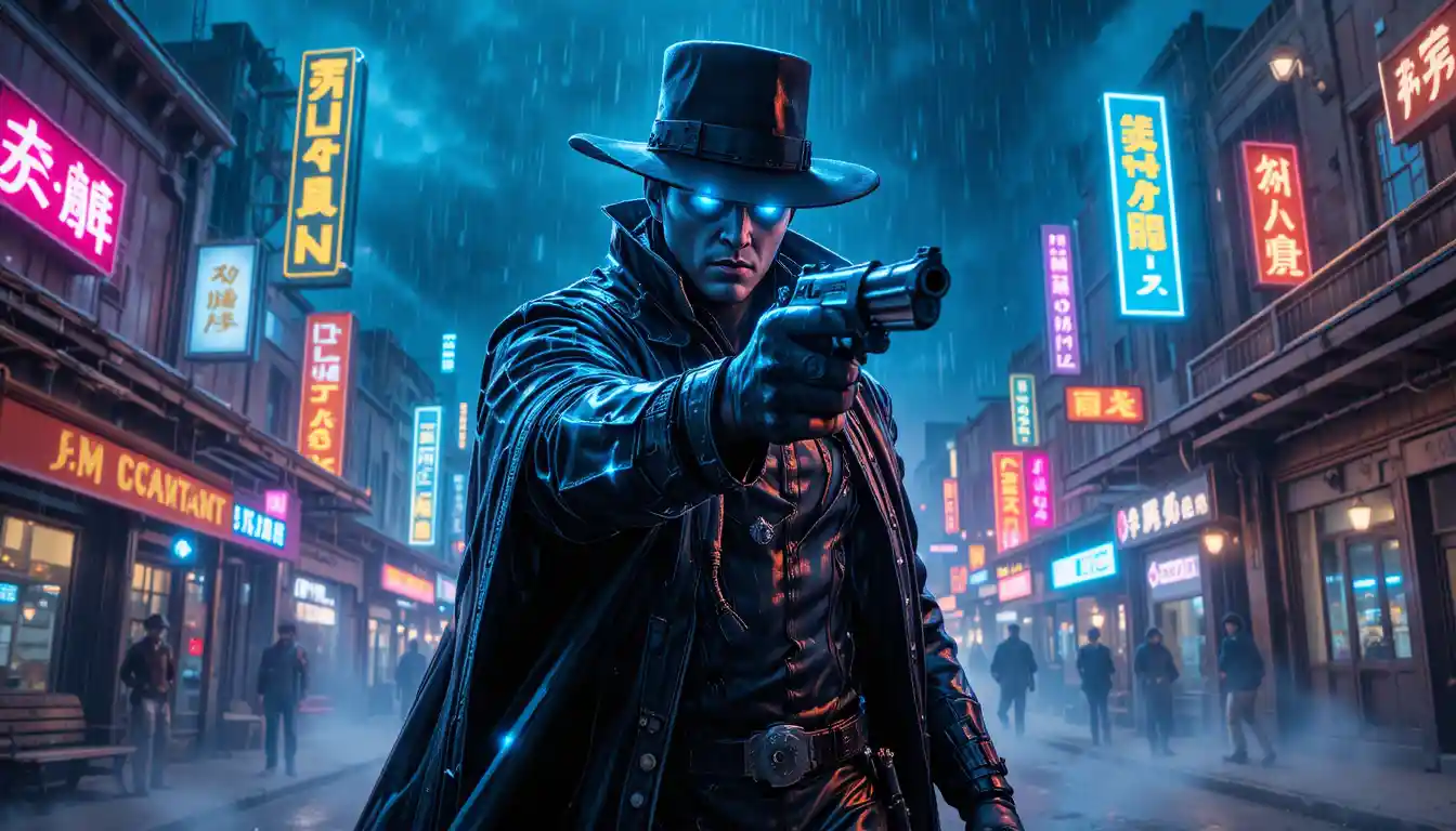 Justiciero cyberpunk armado en calle del oeste empapada de neón
