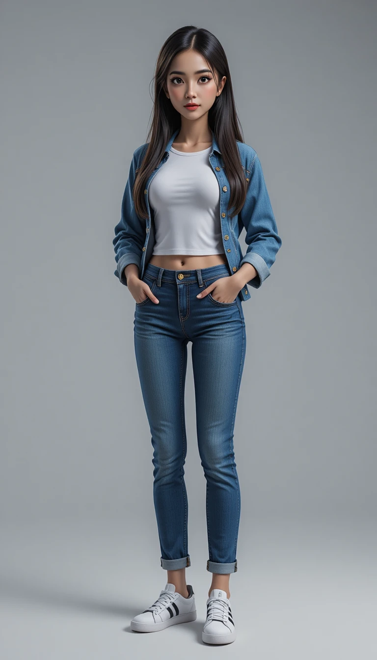 Mujer estilizada con conjunto de mezclilla y pose confiada de cuerpo completo