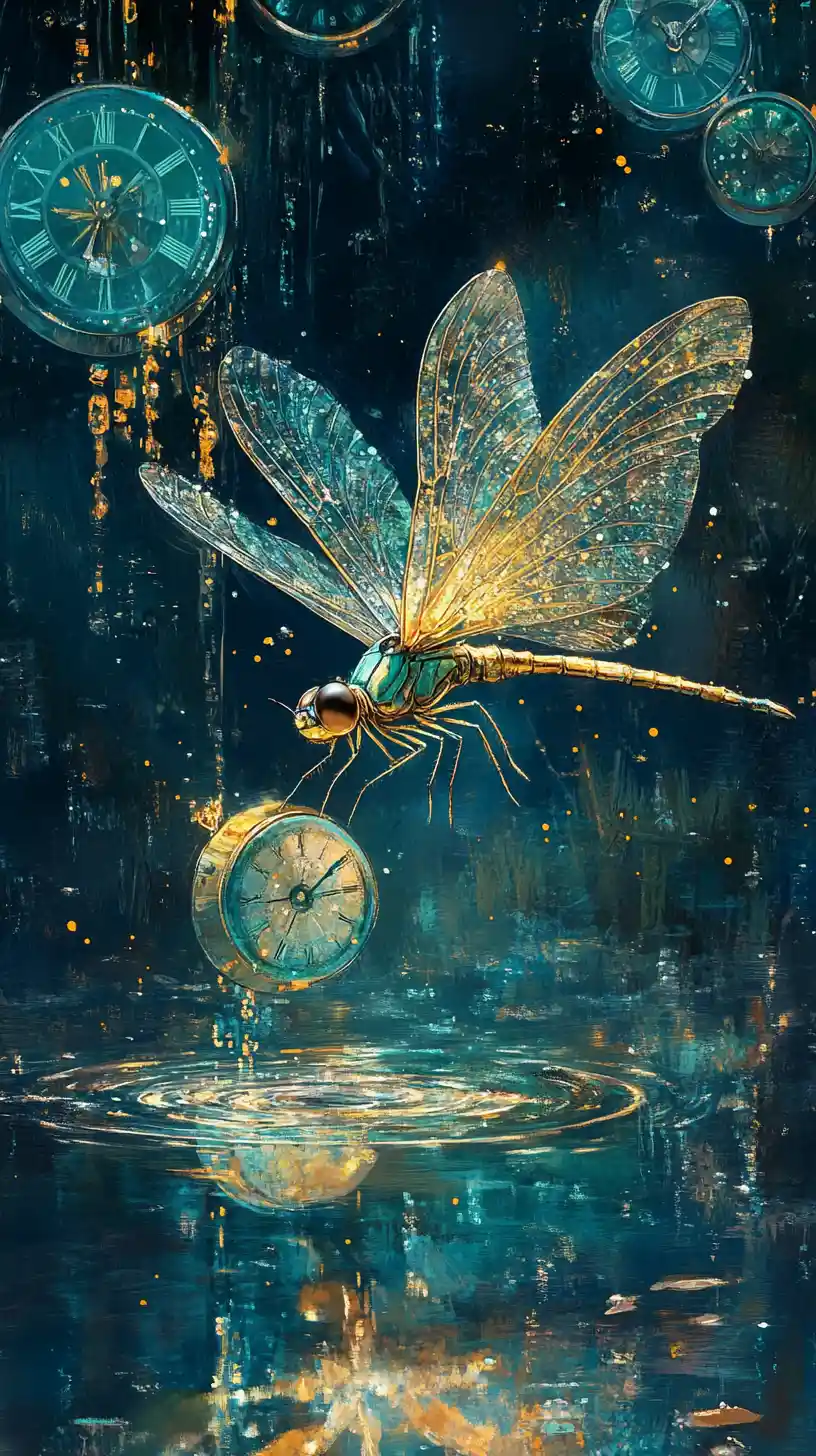 Libélula corriendo entre relojes de cristal flotantes sobre el lago