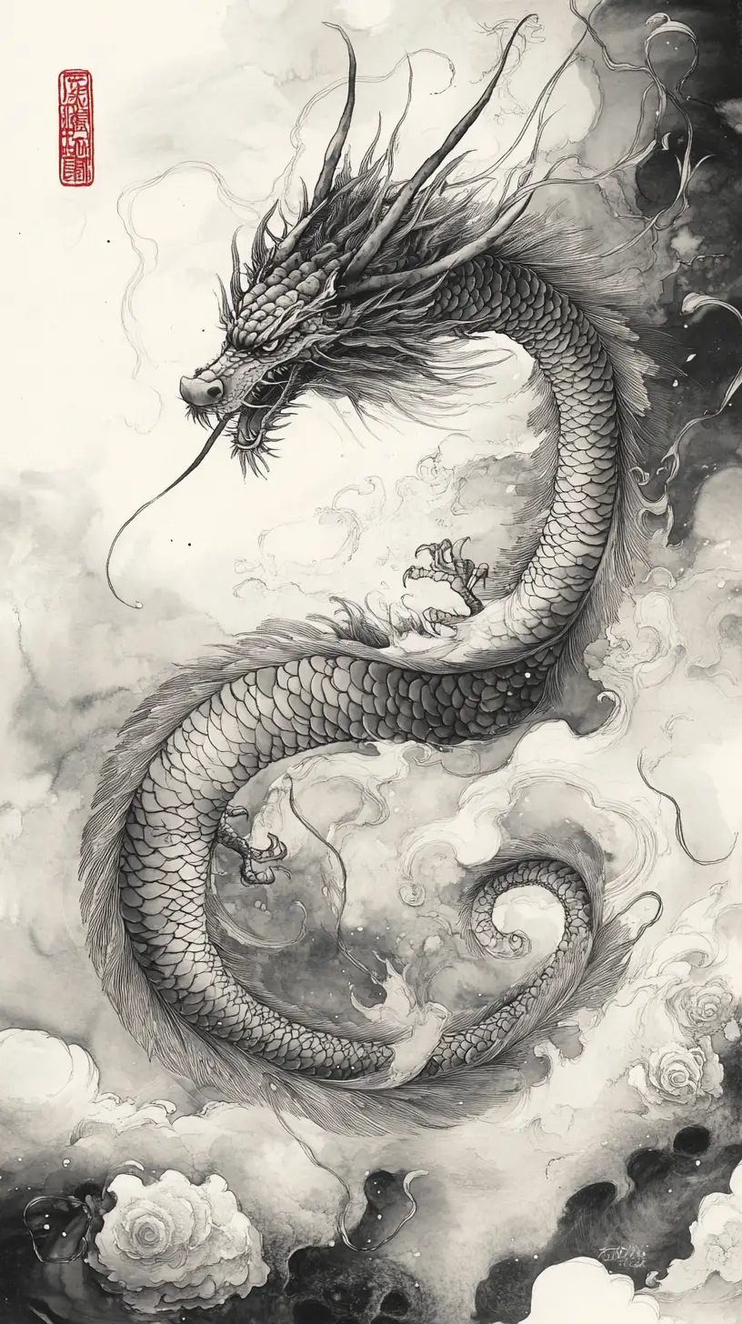 Himmlischer Drache, der sich in Aquarelltinte durch Wolken windet