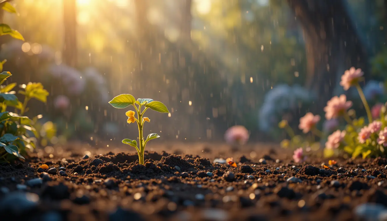 Magical seedling awakening under warm golden garden soil