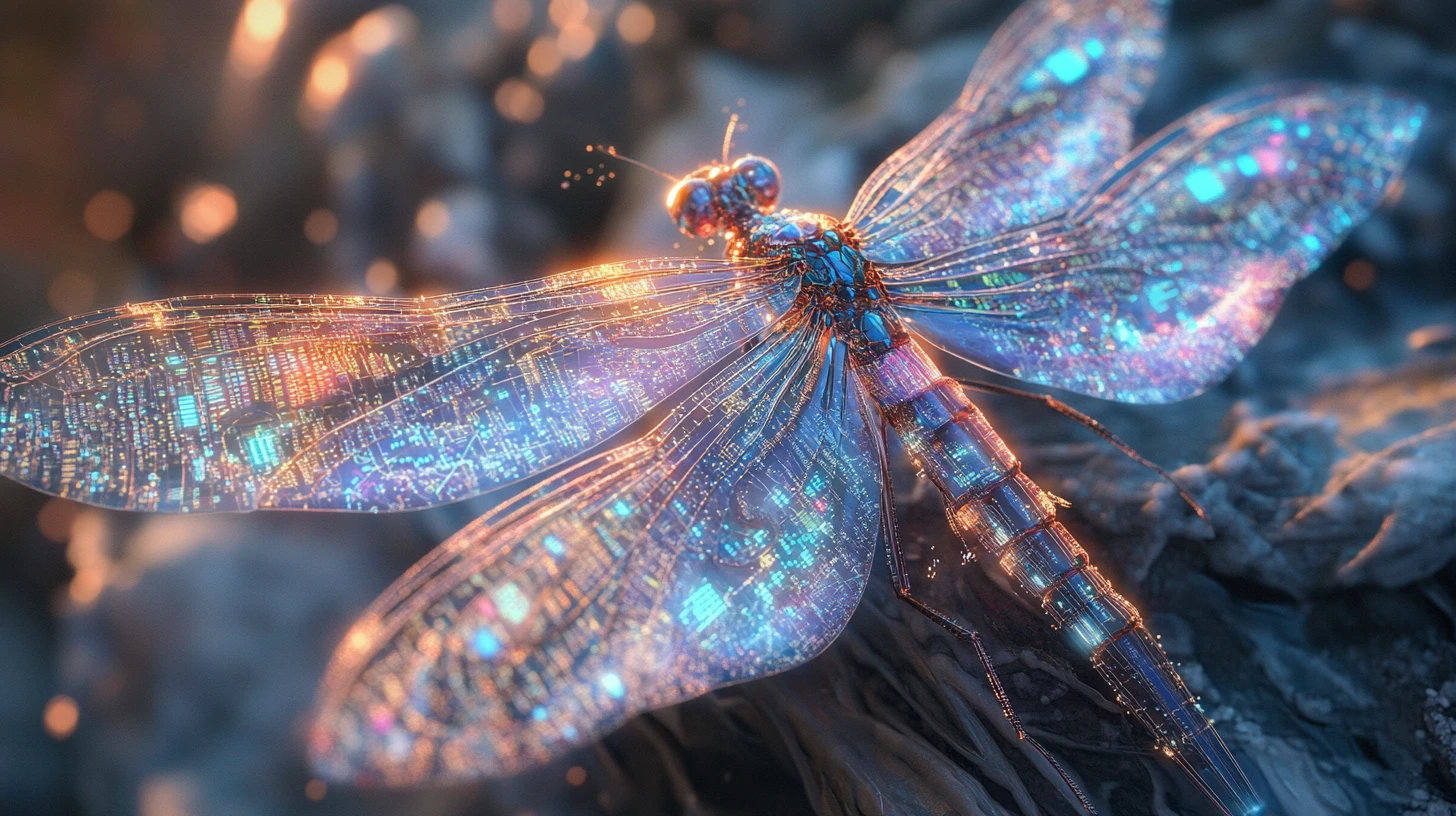 Libélula fantástica en macro con alas brillantes llenas de datos