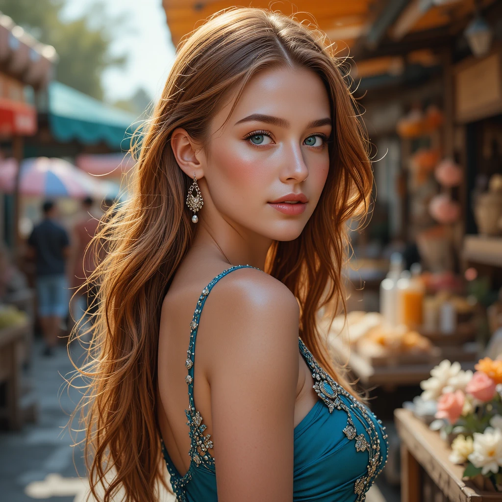 Joven mujer con top de seda verde azulado en un mercado callejero soleado