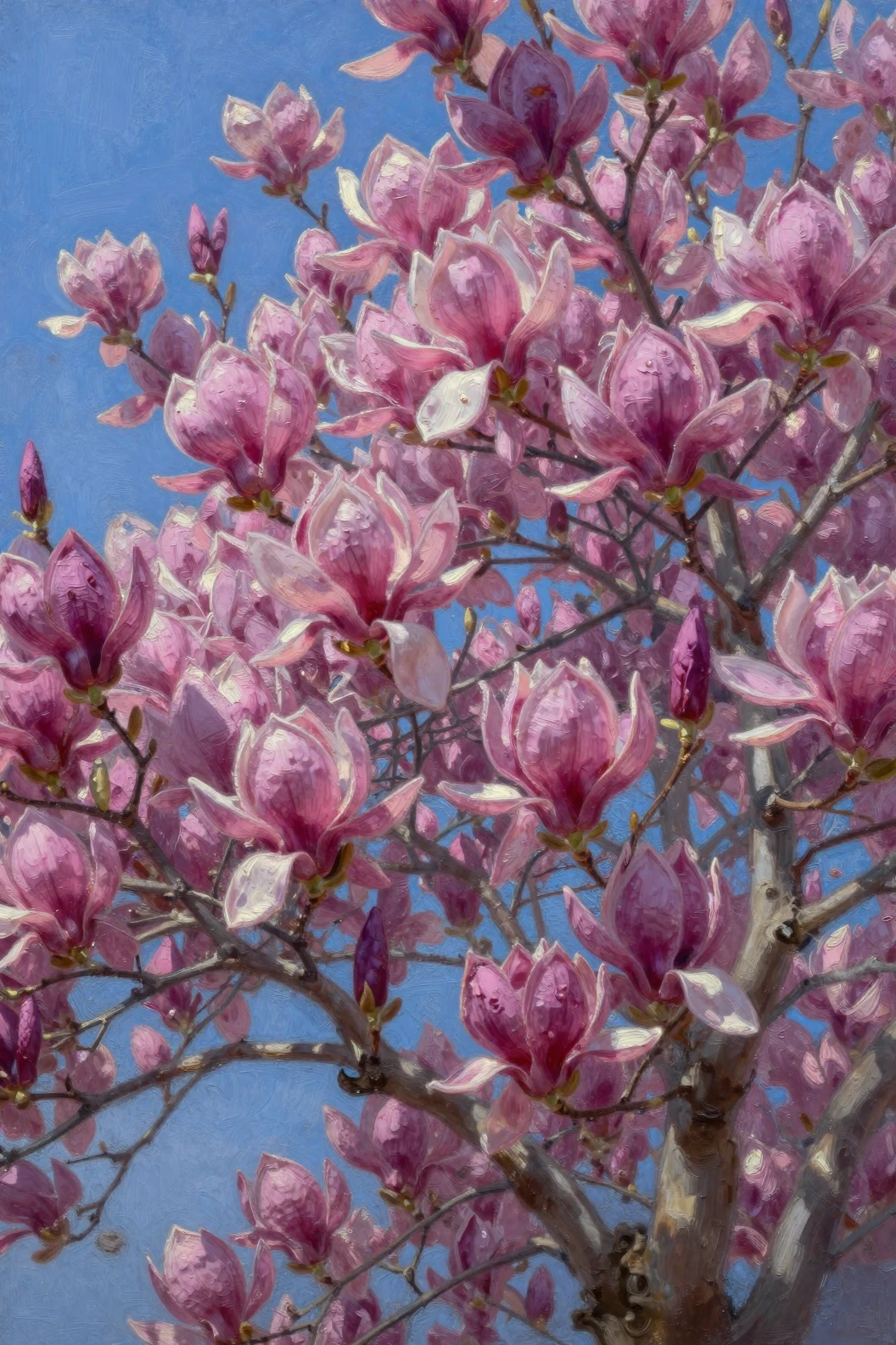Fiori di magnolia fucsia contro un cielo blu intenso