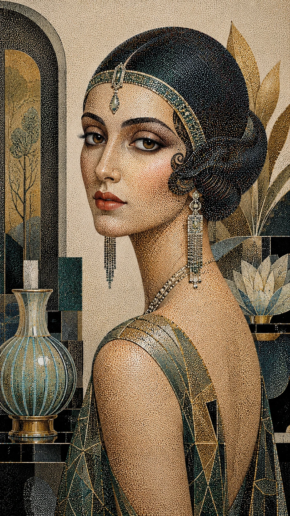 Retrato puntillista de una mujer misteriosa en estilo art déco