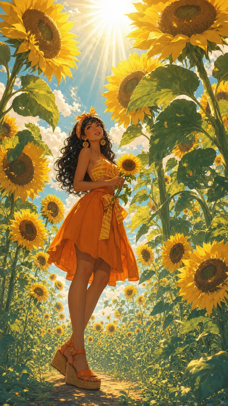 Mujer en un gigantesco campo de girasoles bajo un sol radiante