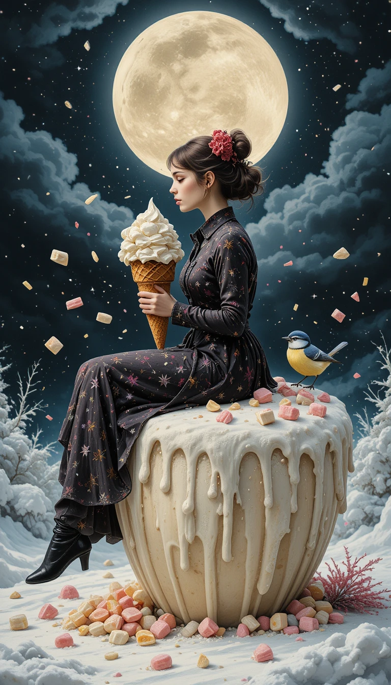 Mujer sentada sobre un helado gigante de vainilla en una escena invernal surrealista