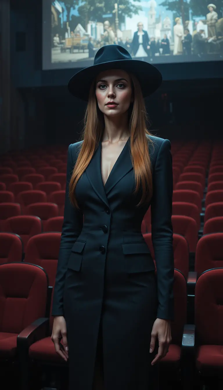 Elegante Frau steht allein in einem dunklen Kino