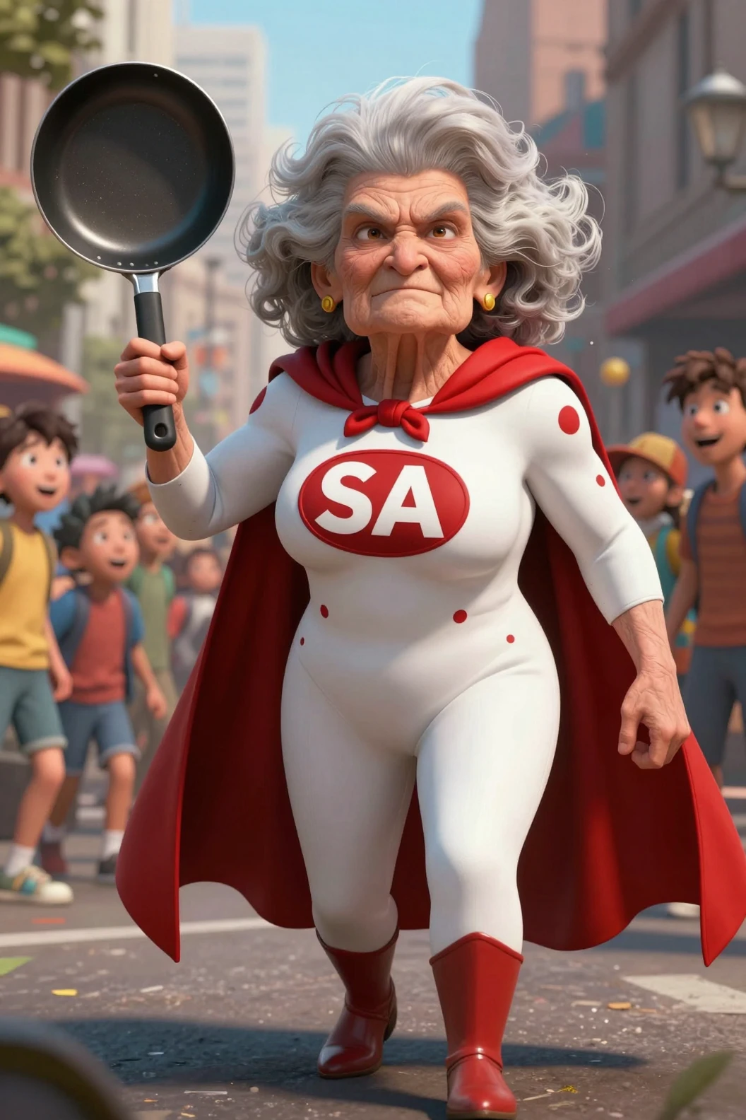 Abuela heroína musculosa posando en una concurrida calle de la ciudad