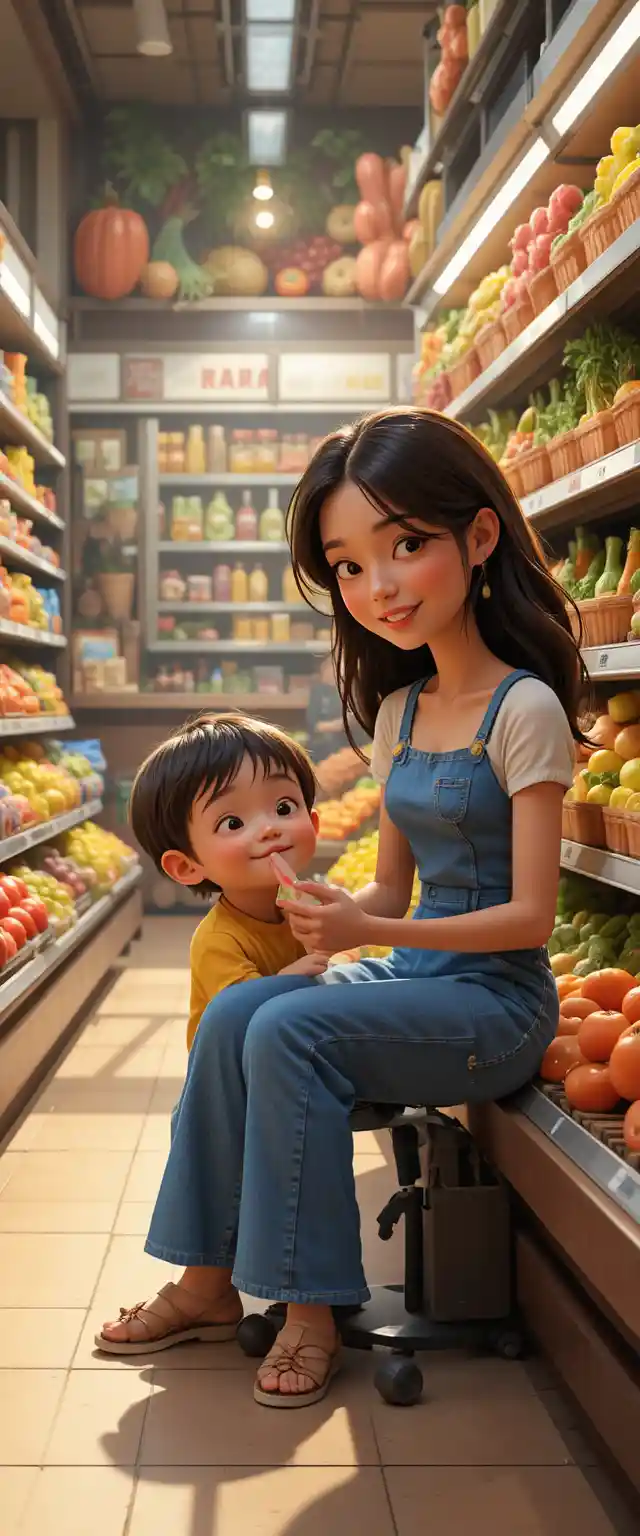 Madre e hijo haciendo la tarea en el pasillo de frutas y verduras del supermercado