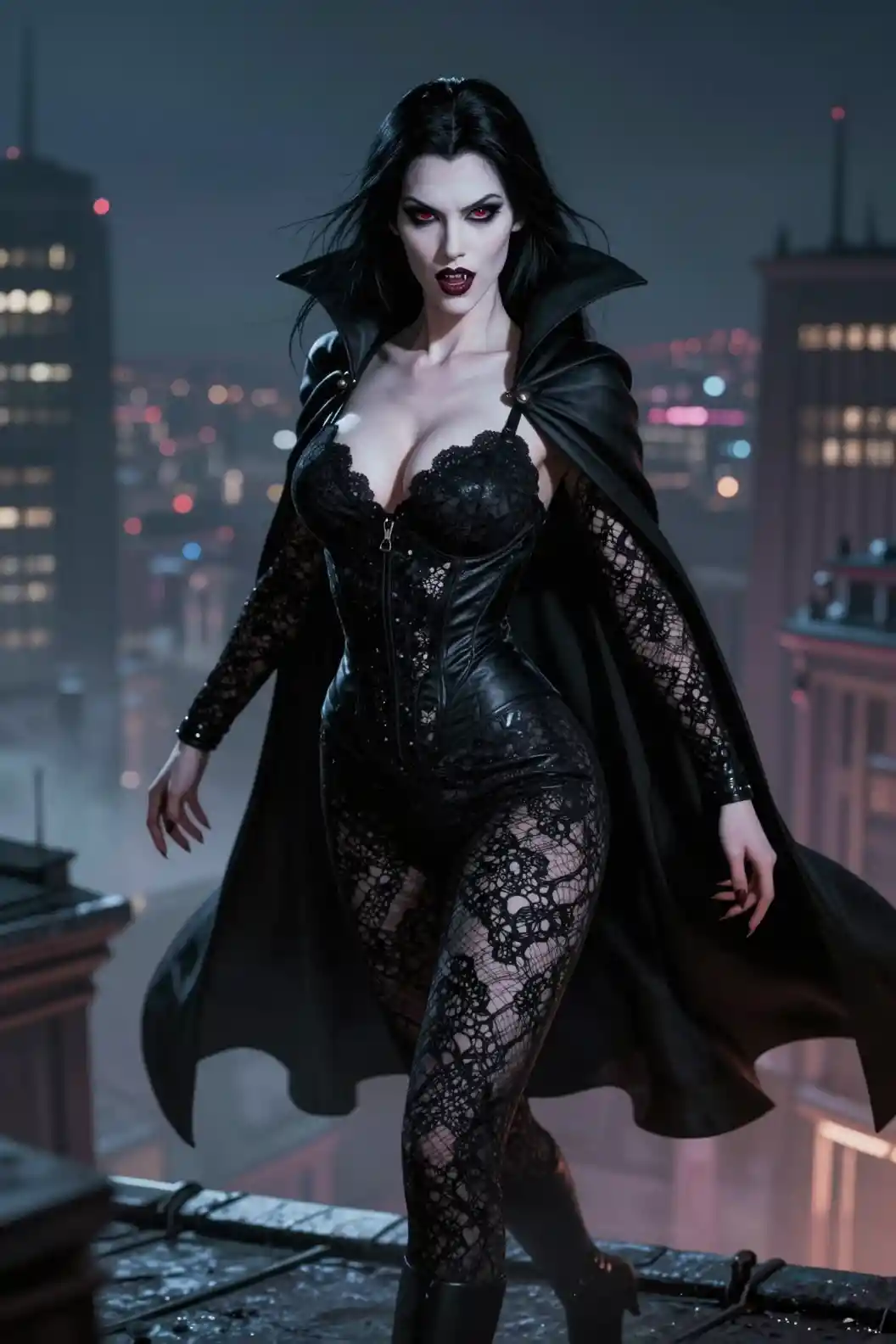 Vampire superhero woman on gothic rooftop at night