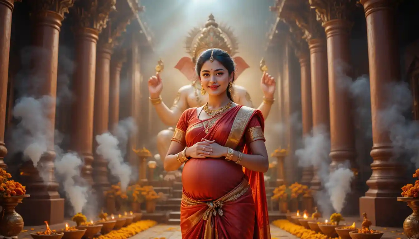 Mujer india embarazada rezando ante un ornamentado ídolo de Ganesha