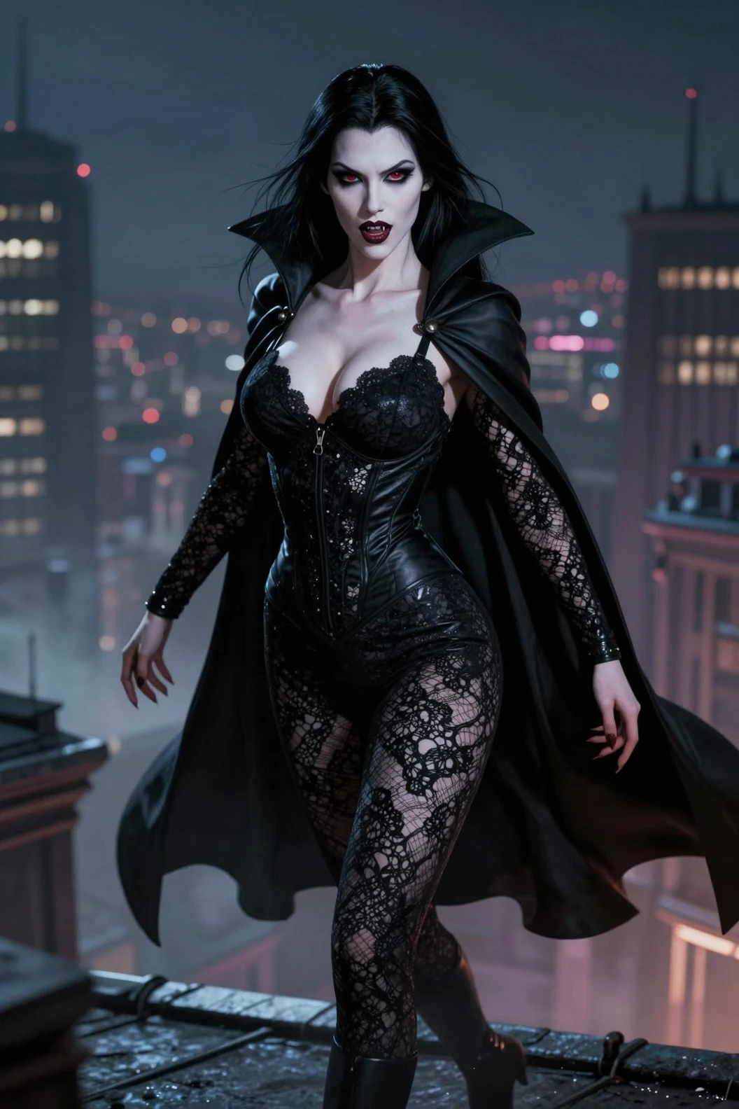 Mujer superhéroe vampira en azotea gótica de noche