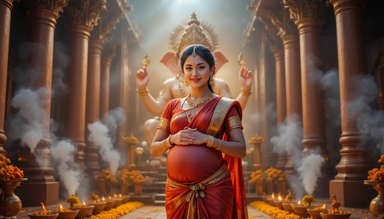 華やかなガネーシャ像の前で祈るインド人の妊婦