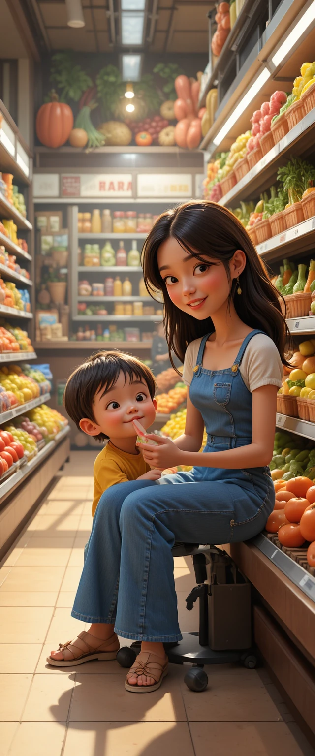 Madre e hijo haciendo la tarea en el pasillo de frutas y verduras del supermercado
