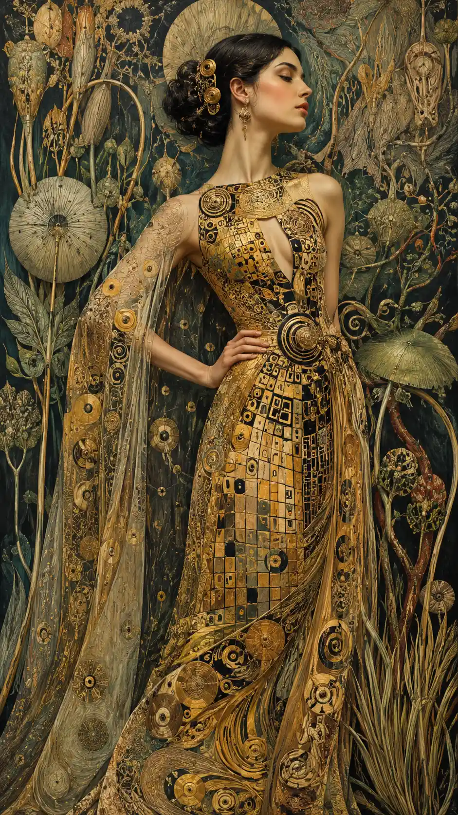 Modelo de moda elegante con intrincado vestido de alta costura – pintura