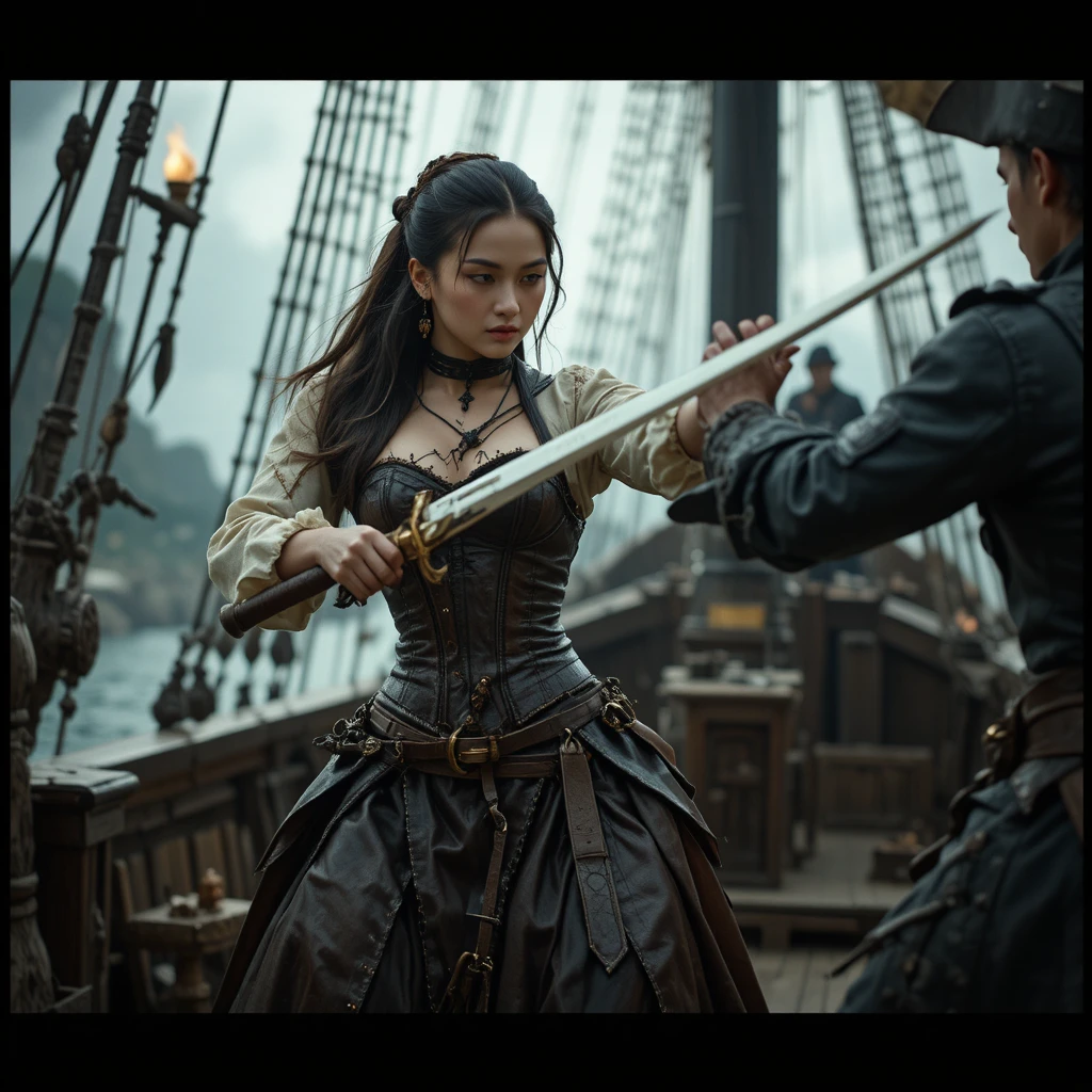 Duelista femenina luchando contra un pirata en un barco de vela de madera