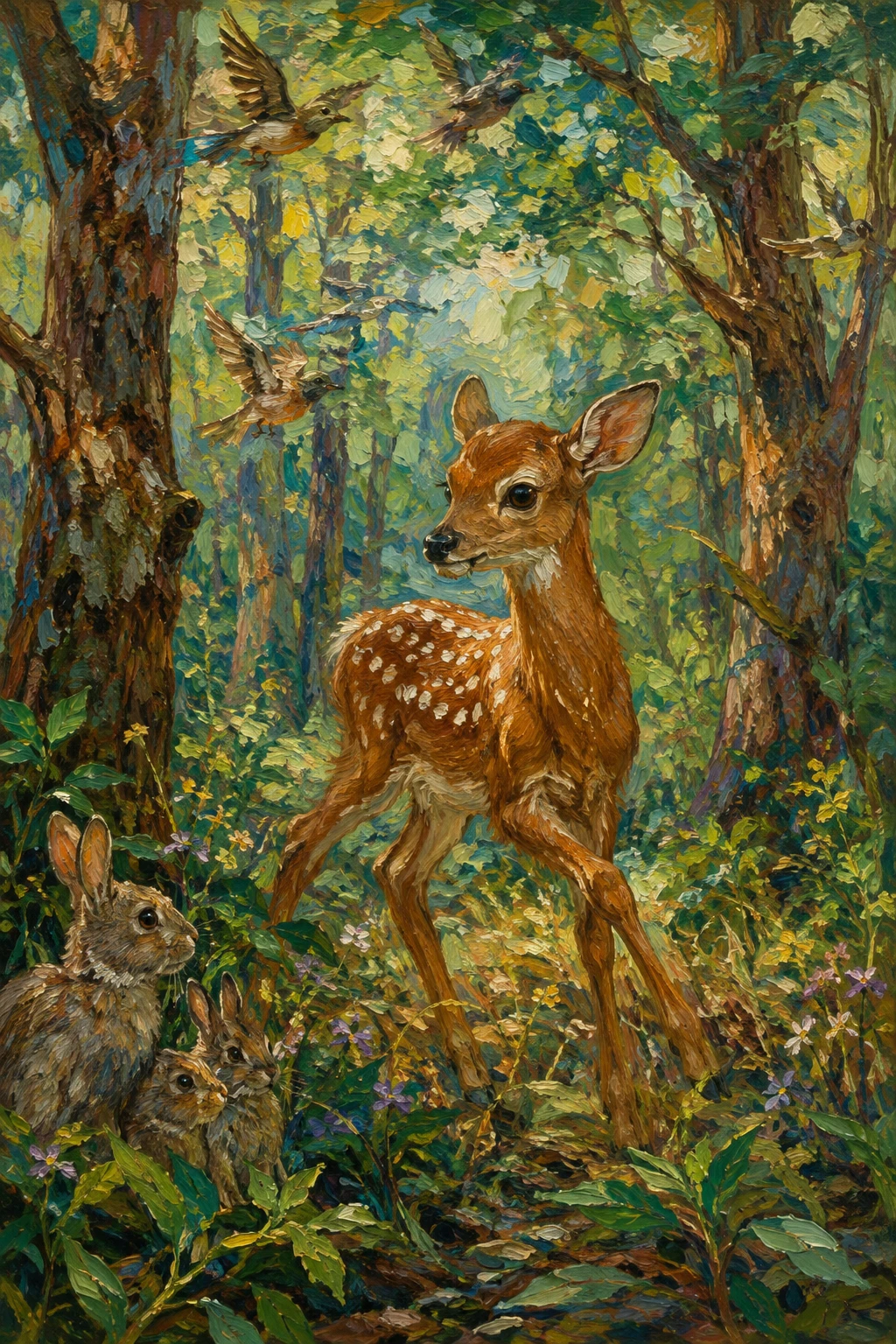Cervato joven deambulando por un bosque verde y frondoso