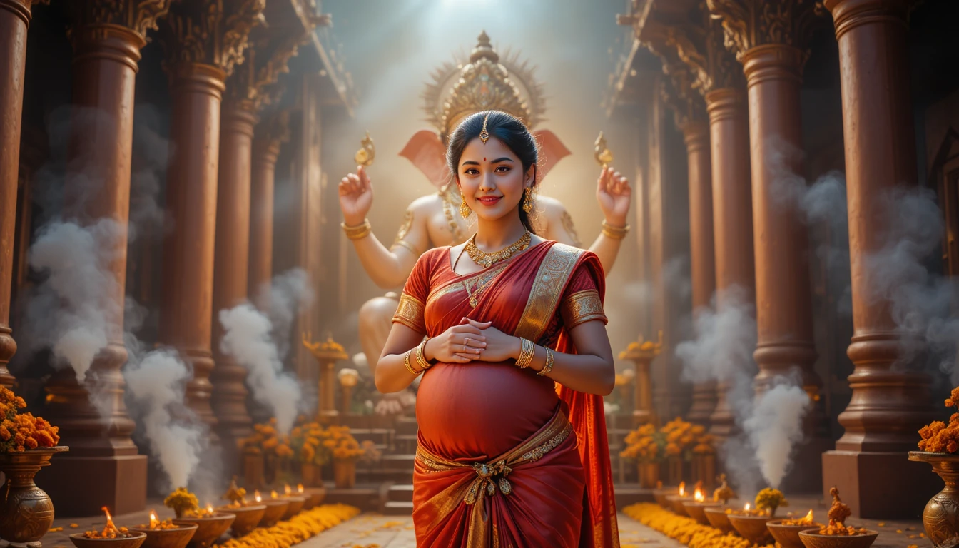 Mujer india embarazada rezando ante un ornamentado ídolo de Ganesha