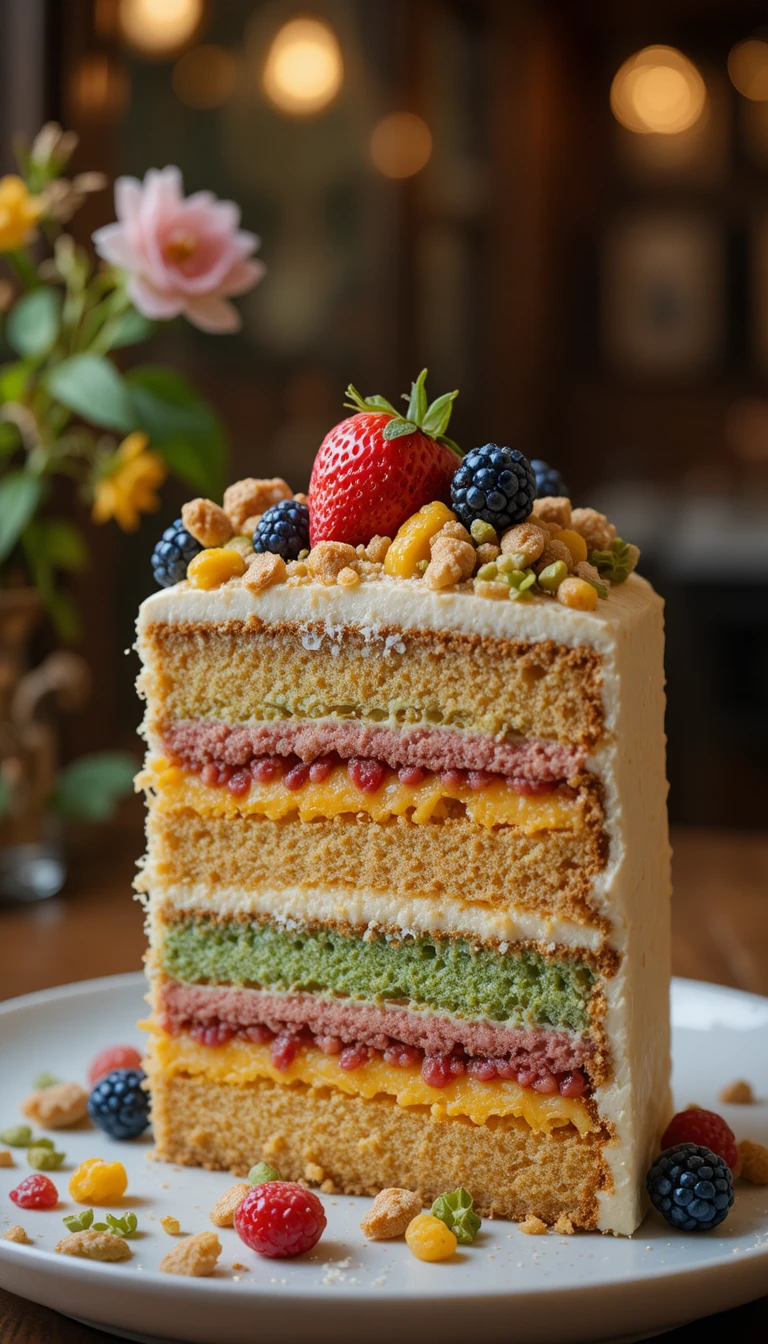 Rebanada de pastel a capas coloridas con fruta fresca y flores