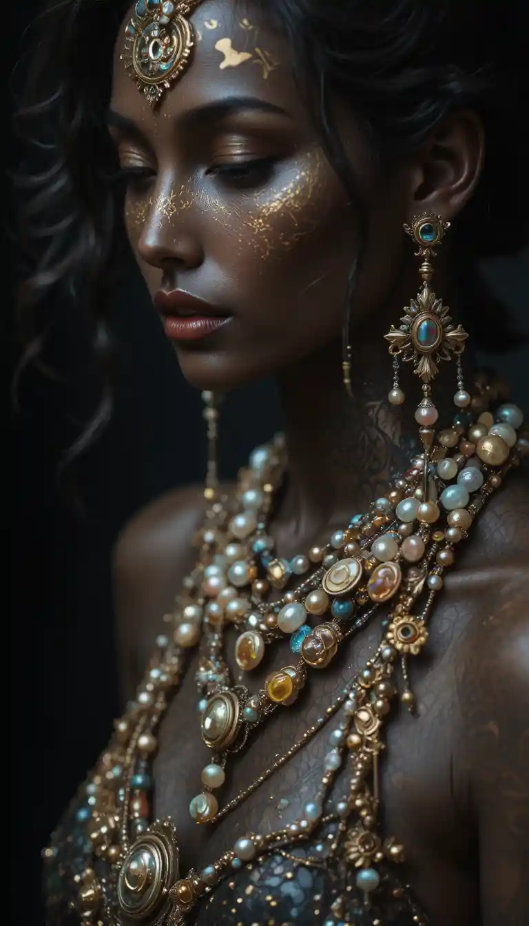 Mystical bronze skinned woman in pointillist fantasy style