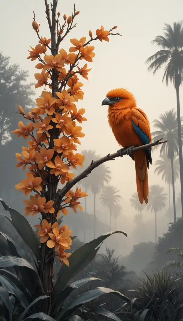 Primer plano de un pájaro naranja sobre una liana al amanecer entre la niebla