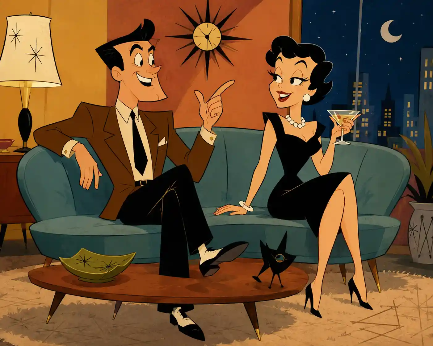 Verspielte Cartoonfiguren im Mid-Century-Stil auf der Theaterbühne