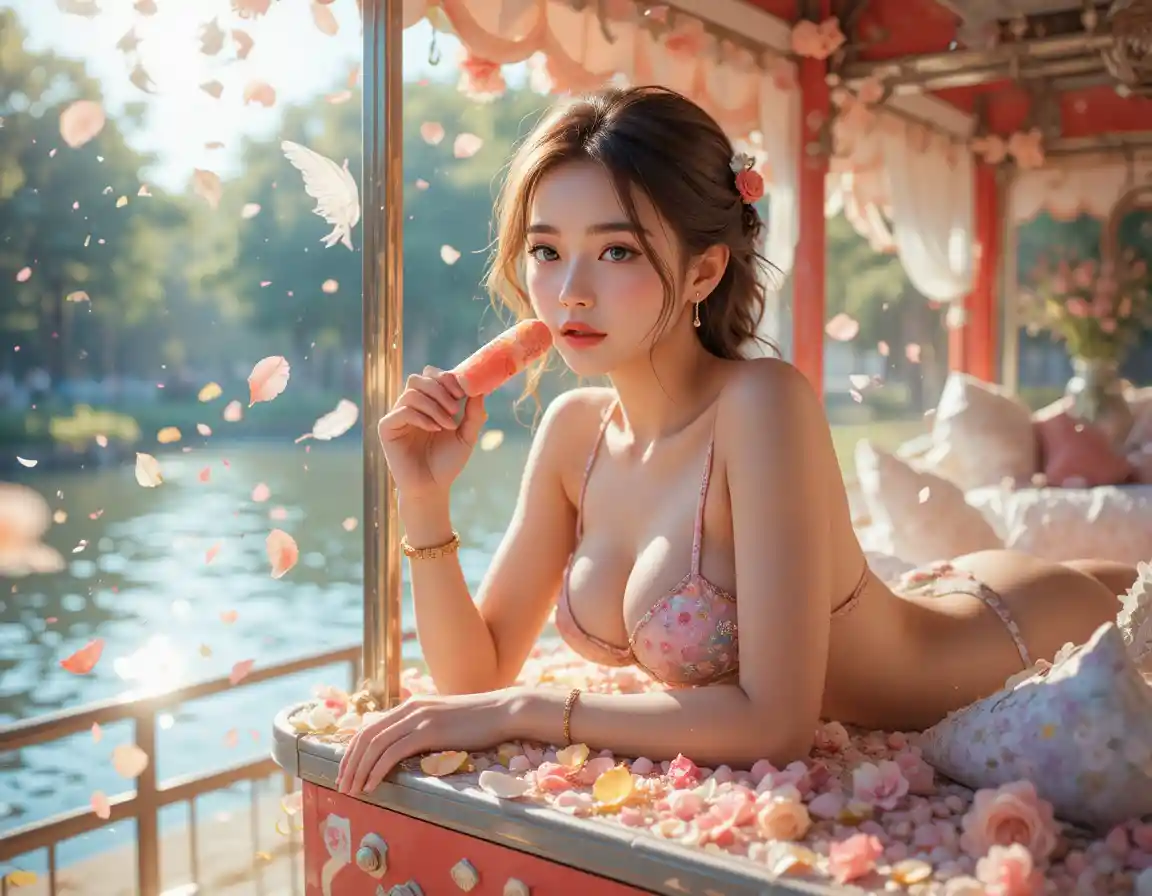 Mujer anime junto a un carrito de helados en un parque de verano