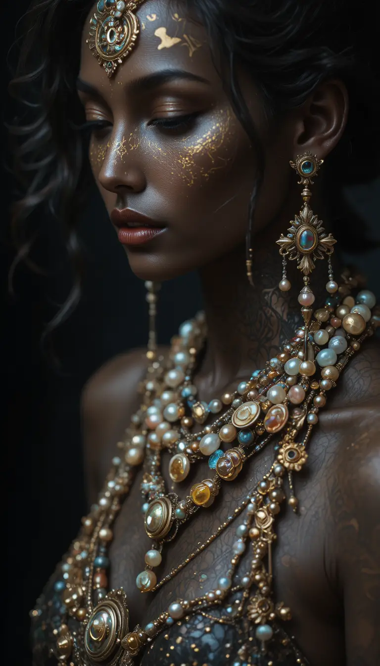 Mistica donna dalla pelle bronzea in stile fantasy puntinista