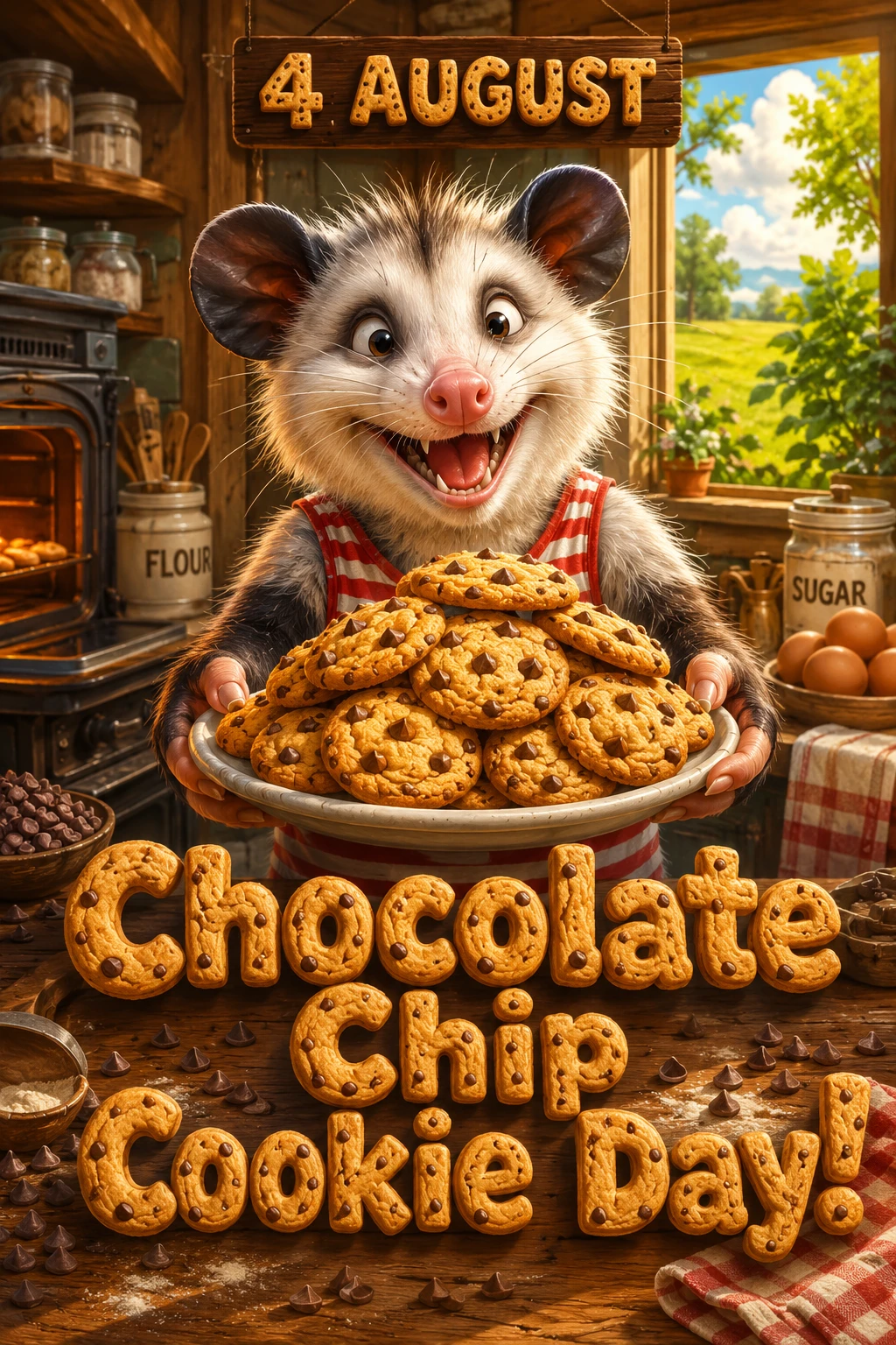 Cute opossum offering chocolate chip cookies in rustic kitchen