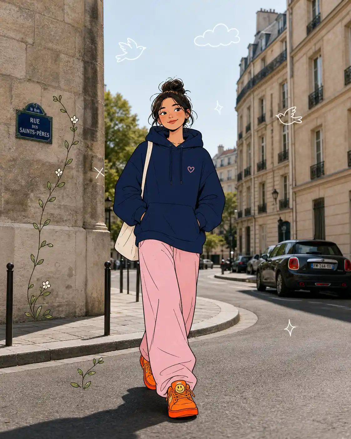 Stylized woman walking on a calm European city street