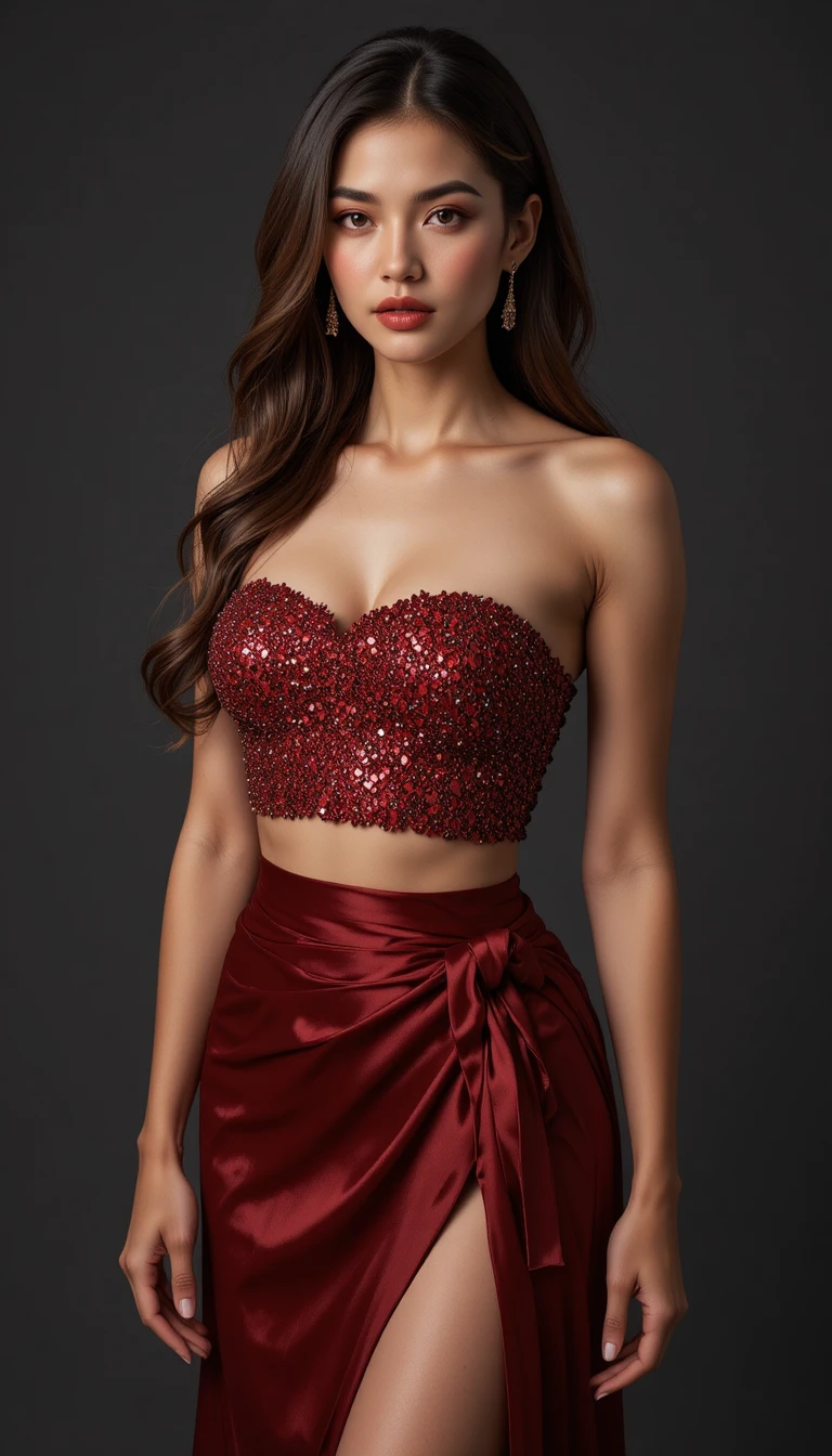 Elegante Frau im roten Bandeau-Top und Satin-Wickelrock