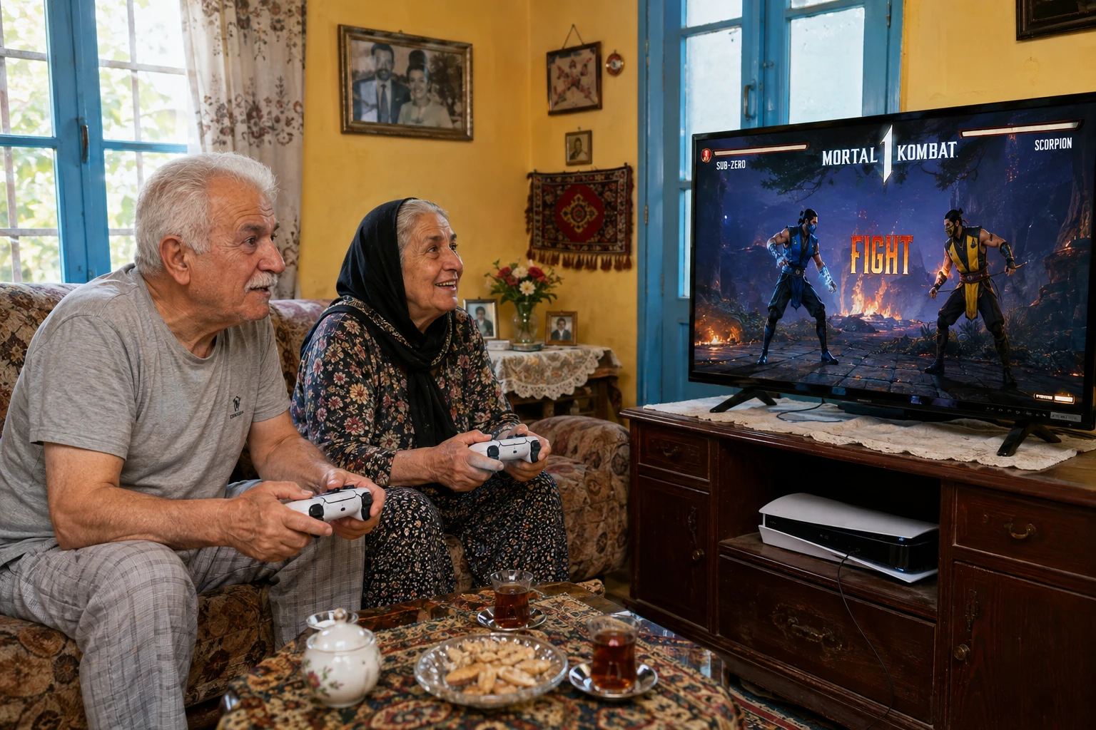 Pareja de ancianos jugando juntos en un acogedor sofá de la sala