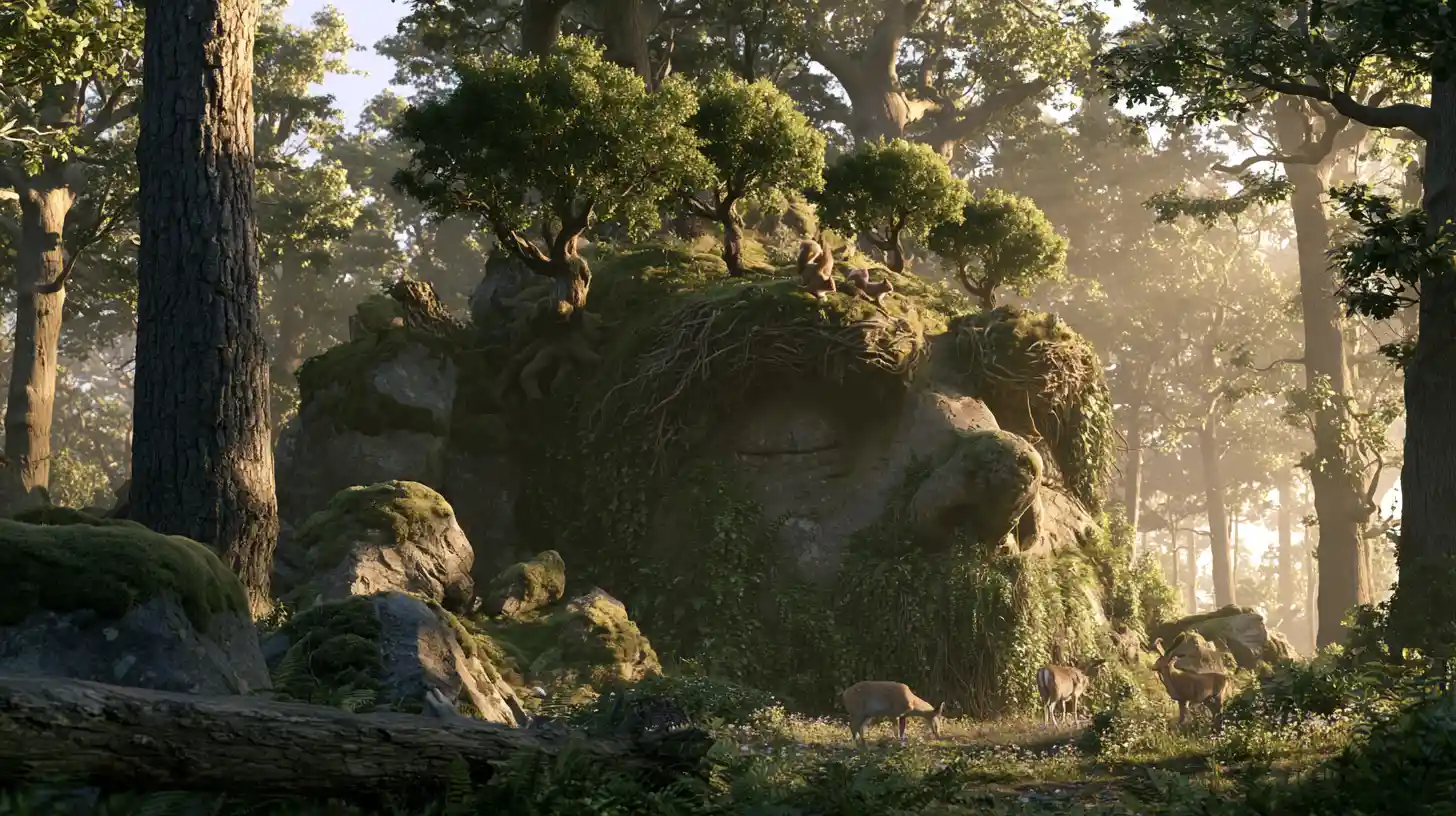 Bosque ancestral bañado por el sol que oculta el rostro de un gigante de musgo